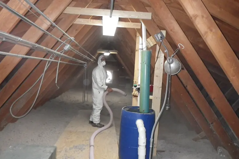 Photo of a worker in a full protective suit and respirator spraying loose-fill insulation across attic framing